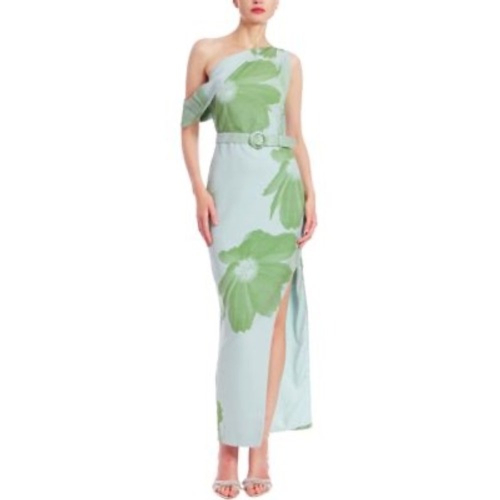 Jewel Badgley Mischka New One Shoulder Floral Belted Maxi Column Dress Size 10